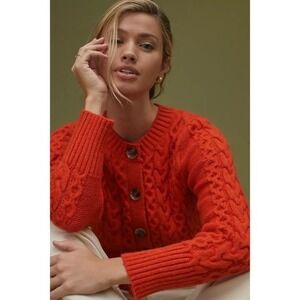 Anthropologie MAEVE Orange Cable-Knit Cardigan Cableknit Buttons Cropped Small